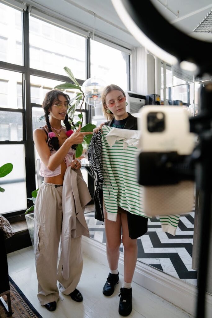 Two young women film a fashion vlog on a smartphone indoors, showcasing trendy clothing.