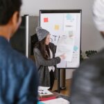 A young woman presenting business plans to a team in a modern office setting.